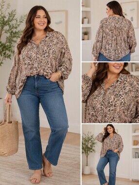 Anna and Frank Women’s 100% Silk Animal Print Button Front Blouse Top 3X Beige B